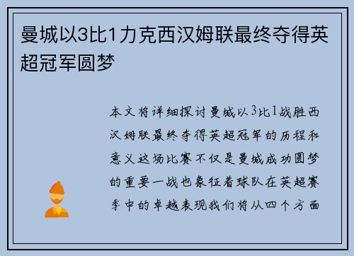 曼城以3比1力克西汉姆联最终夺得英超冠军圆梦
