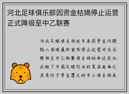 河北足球俱乐部因资金枯竭停止运营正式降级至中乙联赛 河北足球俱乐部因资金枯竭停止运营正式降级至中乙联赛